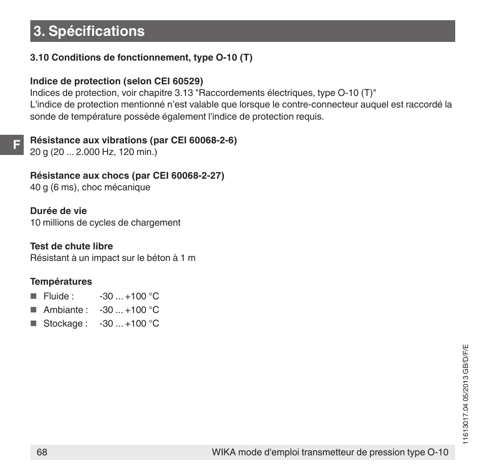 Spécifications | WIKA O-10 User Manual | Page 68 / 108