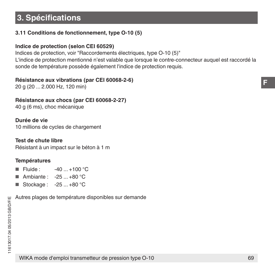 Spécifications | WIKA O-10 User Manual | Page 69 / 108