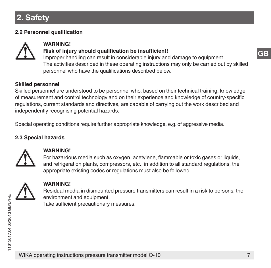 Safety | WIKA O-10 User Manual | Page 7 / 108