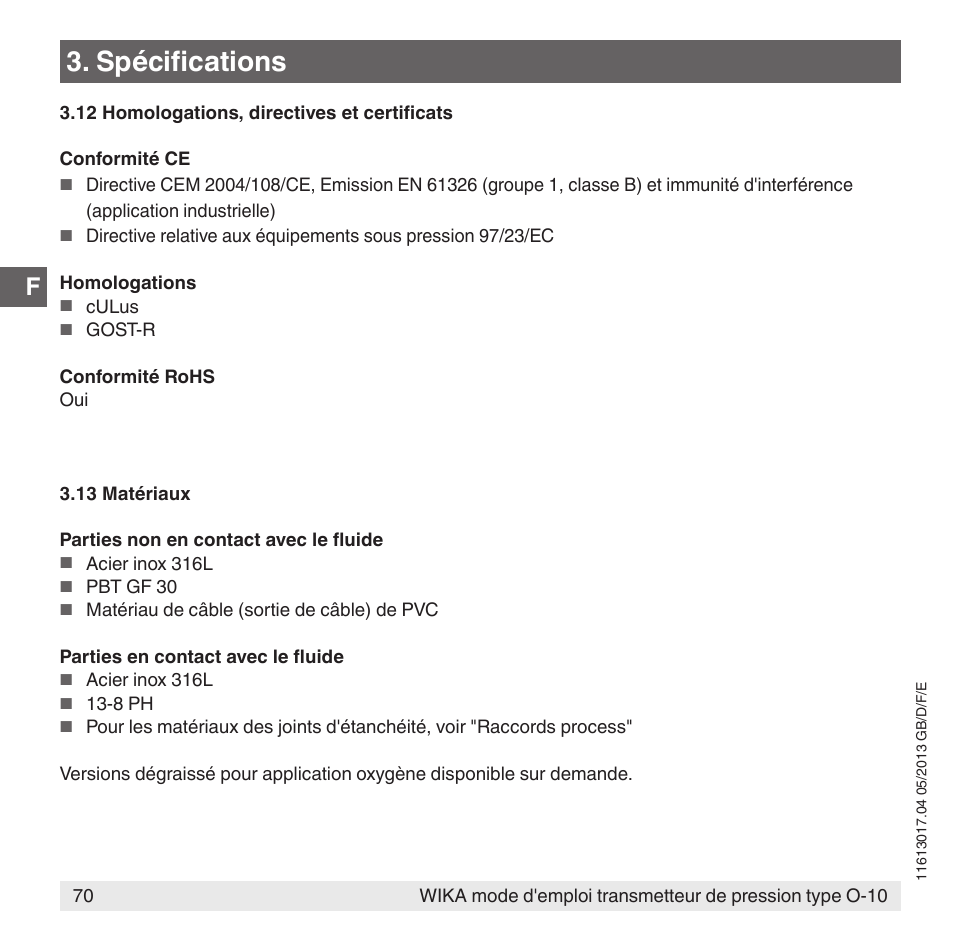 Spécifications | WIKA O-10 User Manual | Page 70 / 108