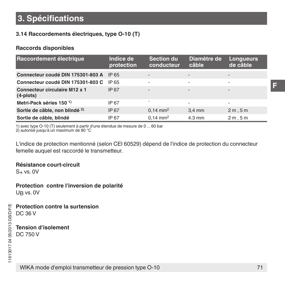 Spécifications | WIKA O-10 User Manual | Page 71 / 108