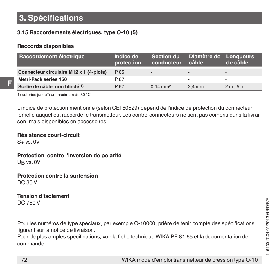 Spécifications | WIKA O-10 User Manual | Page 72 / 108