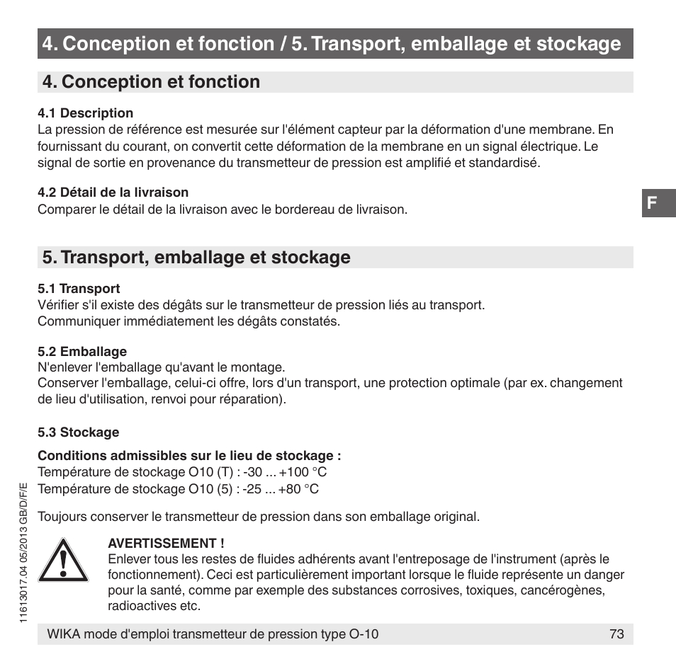 Conception et fonction, Transport, emballage et stockage | WIKA O-10 User Manual | Page 73 / 108