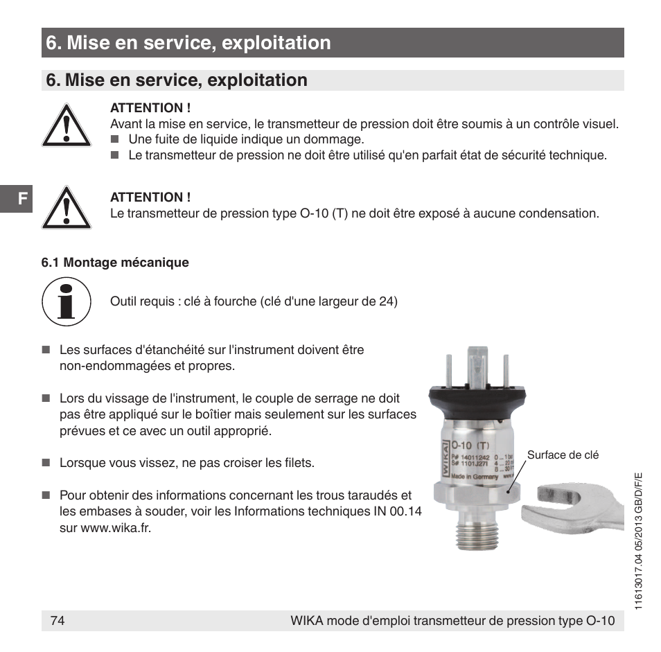 Mise en service, exploitation | WIKA O-10 User Manual | Page 74 / 108