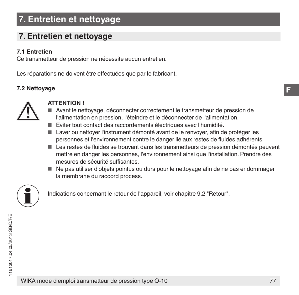 Entretien et nettoyage | WIKA O-10 User Manual | Page 77 / 108