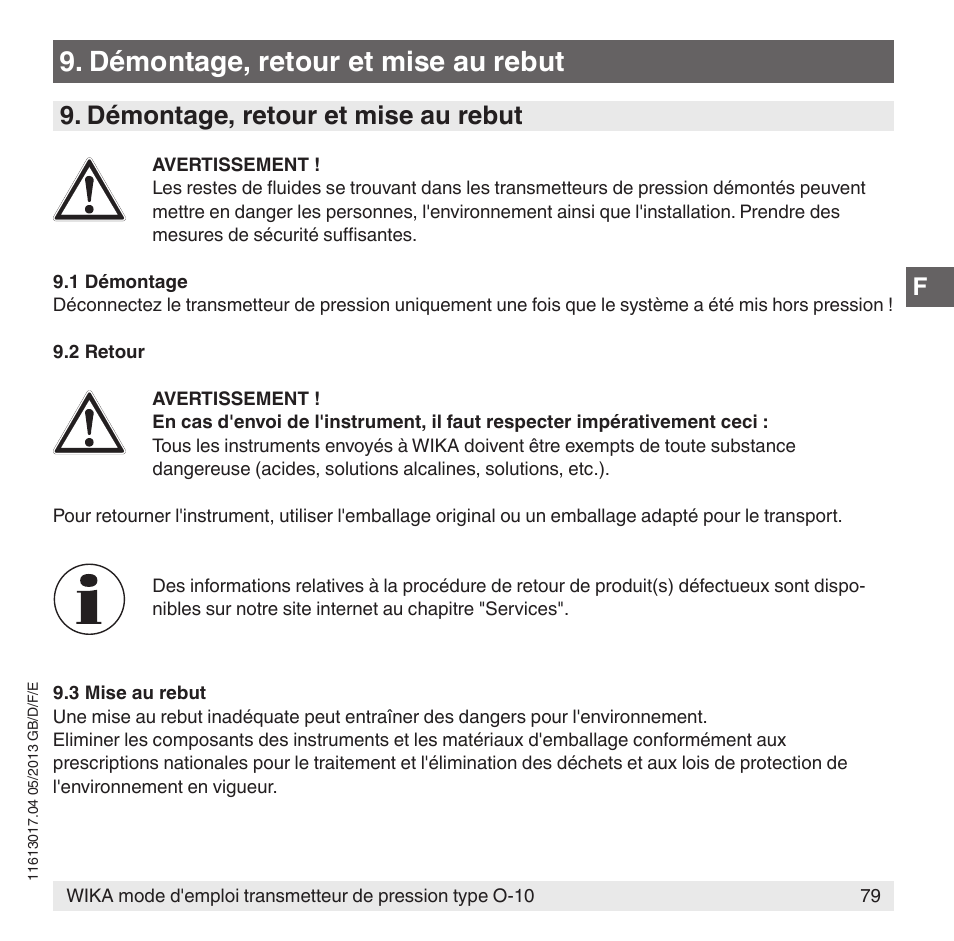 Démontage, retour et mise au rebut | WIKA O-10 User Manual | Page 79 / 108