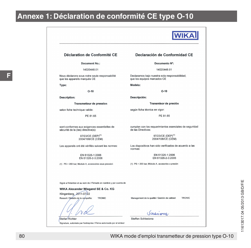 Annexe 1: déclaration de conformité ce type o-10 | WIKA O-10 User Manual | Page 80 / 108