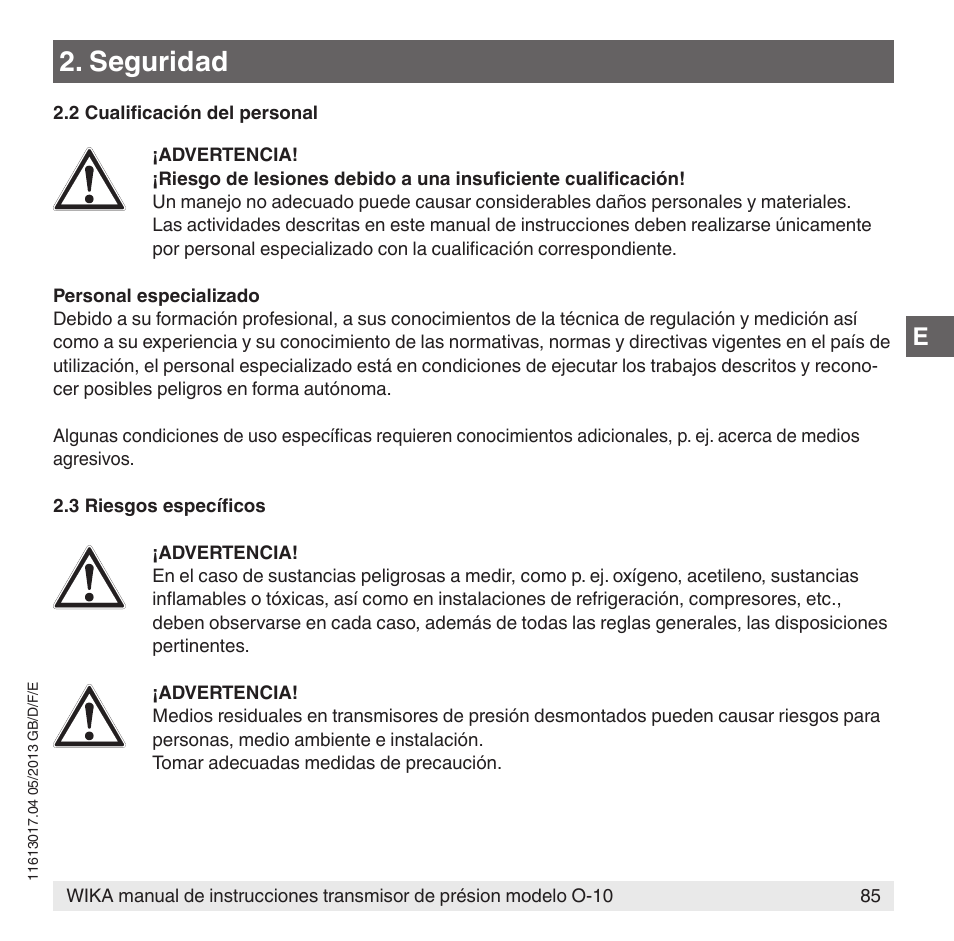 Seguridad | WIKA O-10 User Manual | Page 85 / 108