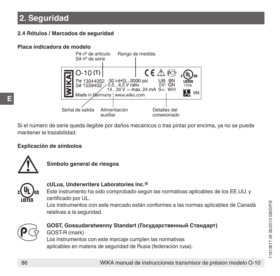 Seguridad | WIKA O-10 User Manual | Page 86 / 108