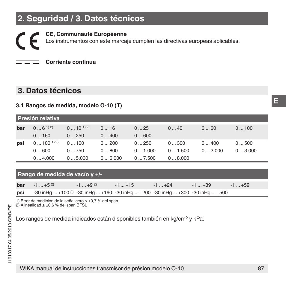 Seguridad / 3. datos técnicos, Datos técnicos | WIKA O-10 User Manual | Page 87 / 108