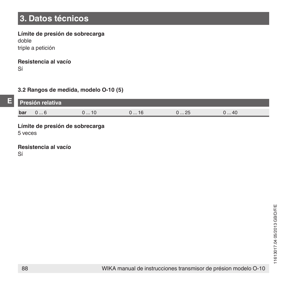 Datos técnicos | WIKA O-10 User Manual | Page 88 / 108