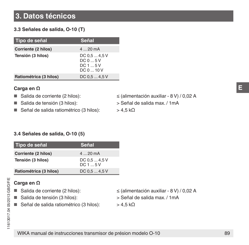 Datos técnicos | WIKA O-10 User Manual | Page 89 / 108