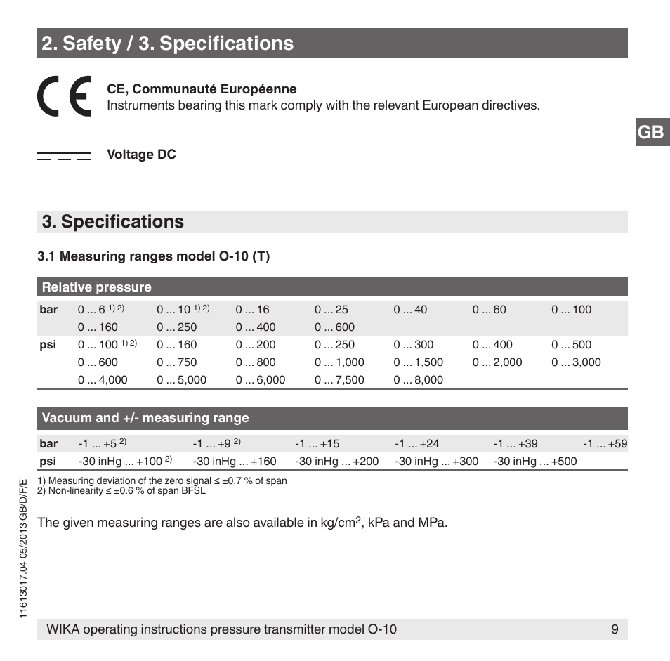Safety / 3. specifications, Specifications | WIKA O-10 User Manual | Page 9 / 108
