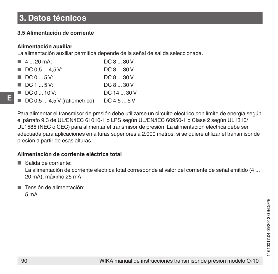 Datos técnicos | WIKA O-10 User Manual | Page 90 / 108