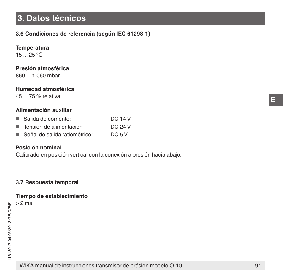 Datos técnicos | WIKA O-10 User Manual | Page 91 / 108