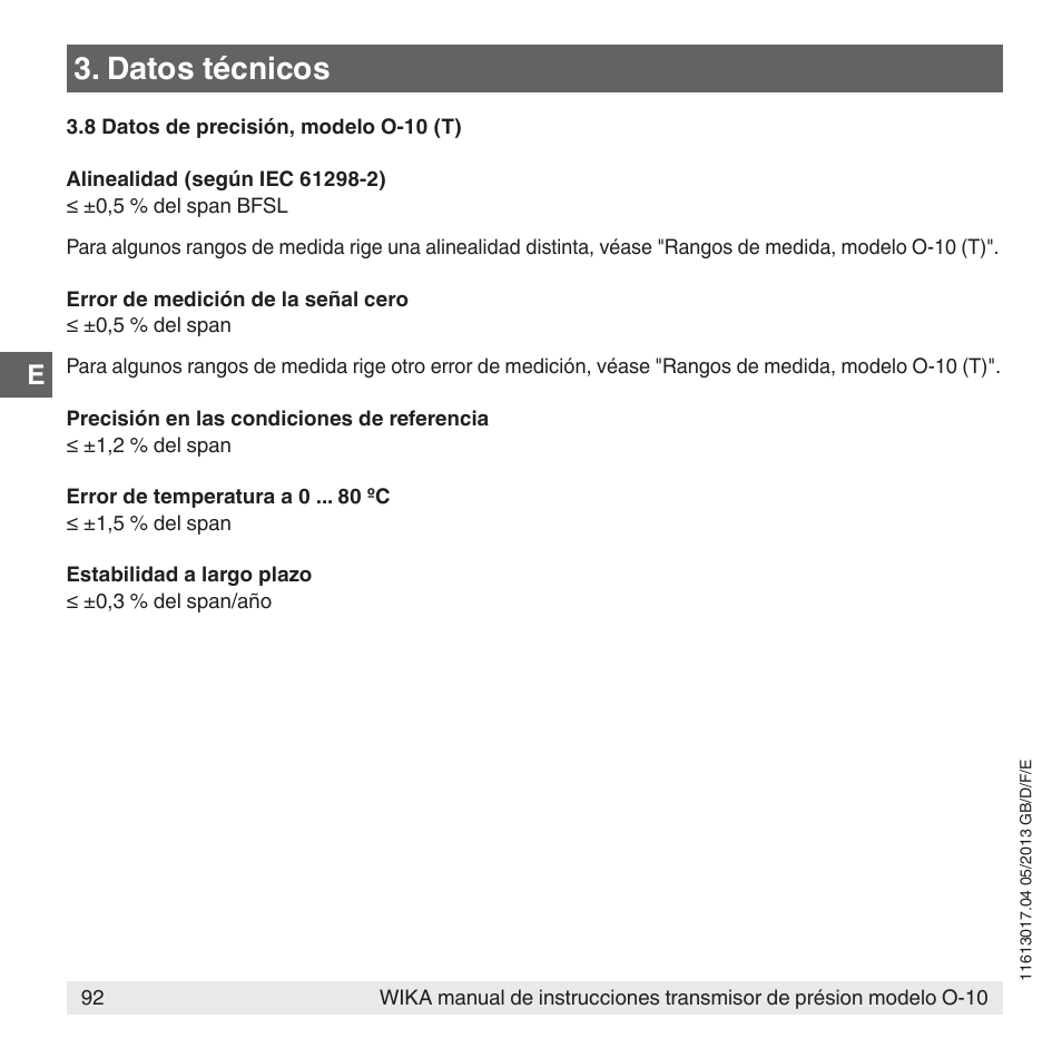 Datos técnicos | WIKA O-10 User Manual | Page 92 / 108