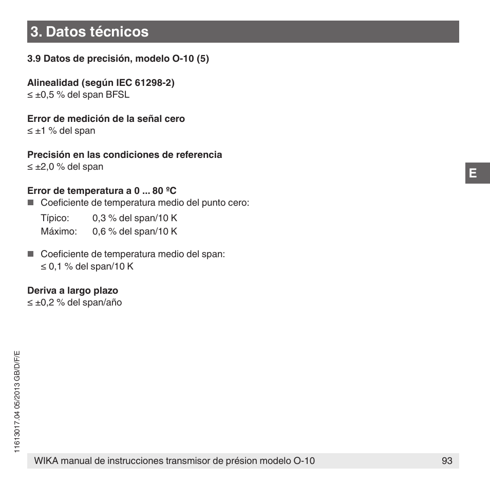 Datos técnicos | WIKA O-10 User Manual | Page 93 / 108
