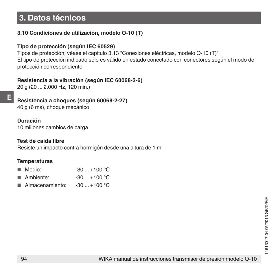 Datos técnicos | WIKA O-10 User Manual | Page 94 / 108