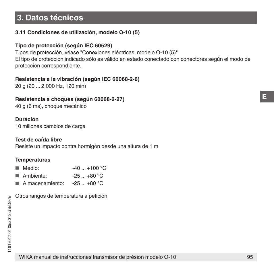 Datos técnicos | WIKA O-10 User Manual | Page 95 / 108