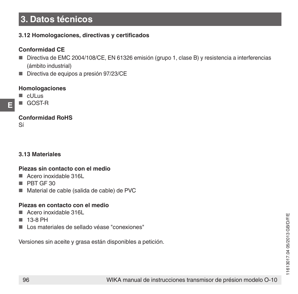 Datos técnicos | WIKA O-10 User Manual | Page 96 / 108