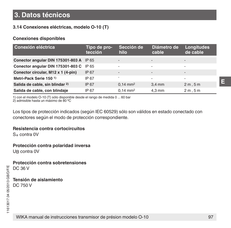 Datos técnicos | WIKA O-10 User Manual | Page 97 / 108