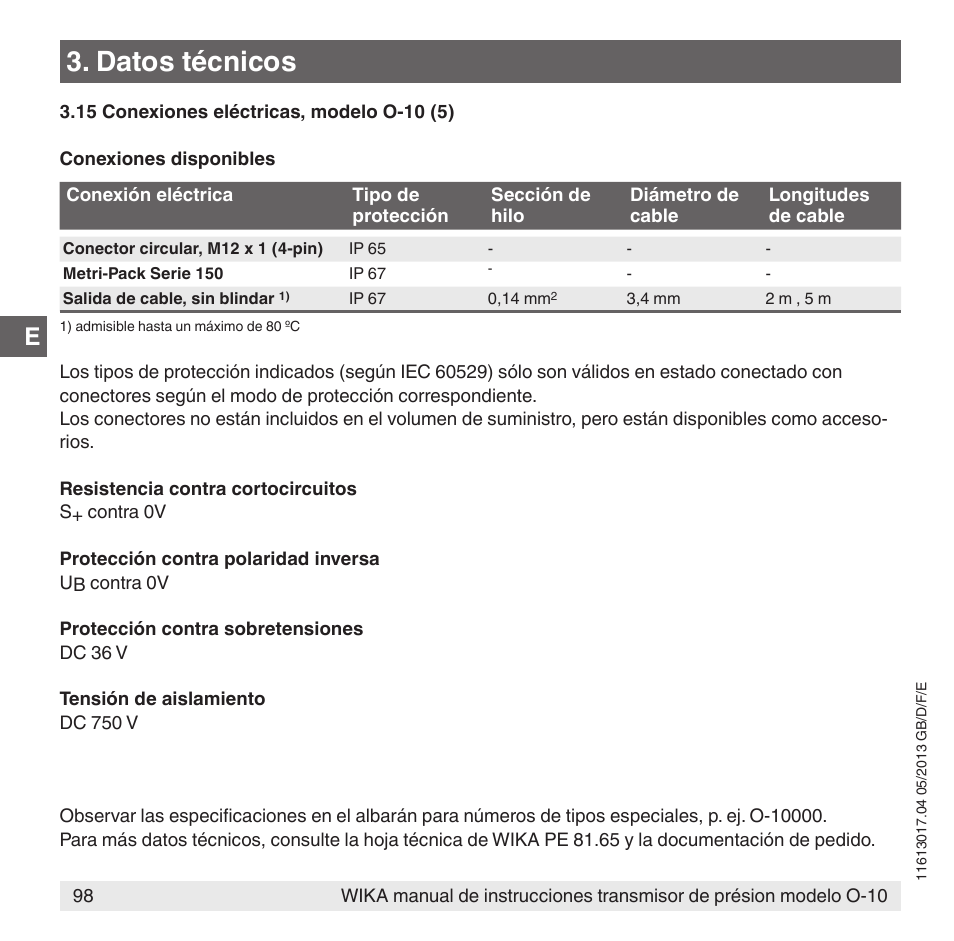 Datos técnicos | WIKA O-10 User Manual | Page 98 / 108