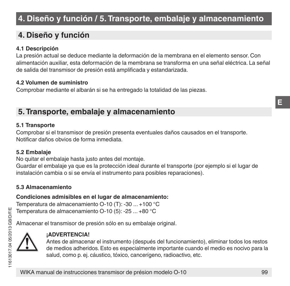Diseño y función, Transporte, embalaje y almacenamiento | WIKA O-10 User Manual | Page 99 / 108