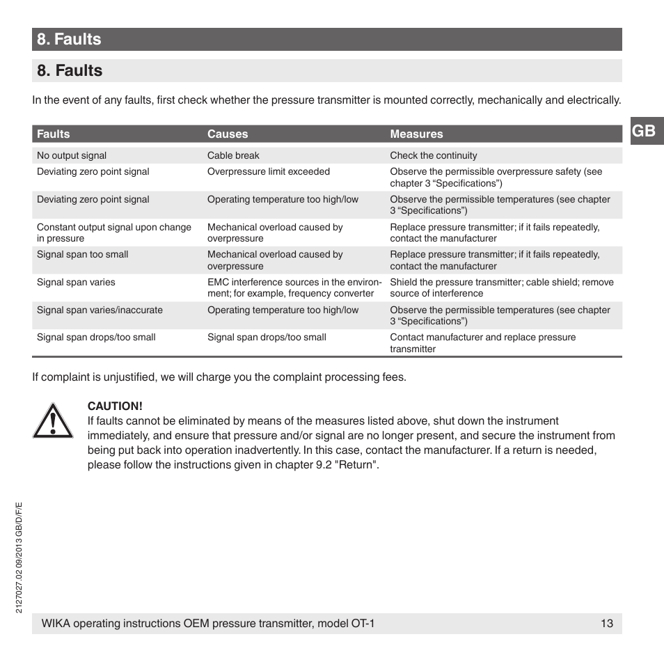 Gb 8. faults 8. faults | WIKA OT-1 User Manual | Page 13 / 60