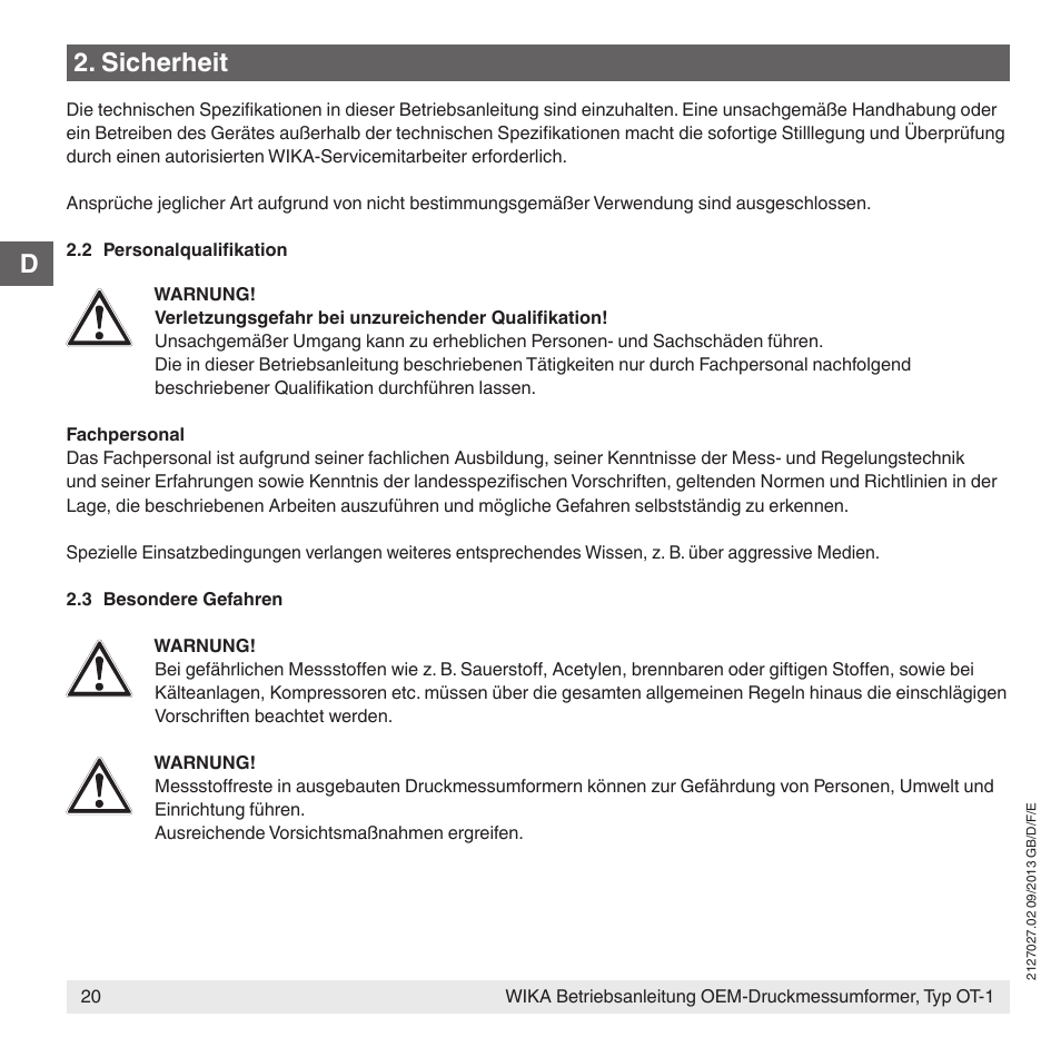 D2. sicherheit | WIKA OT-1 User Manual | Page 20 / 60