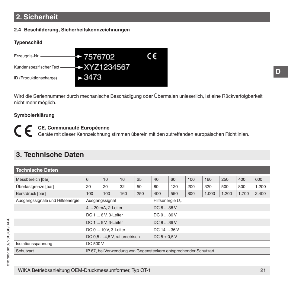Sicherheit, Technische daten | WIKA OT-1 User Manual | Page 21 / 60