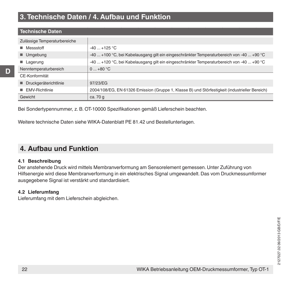 D3. technische daten / 4. aufbau und funktion, Aufbau und funktion | WIKA OT-1 User Manual | Page 22 / 60