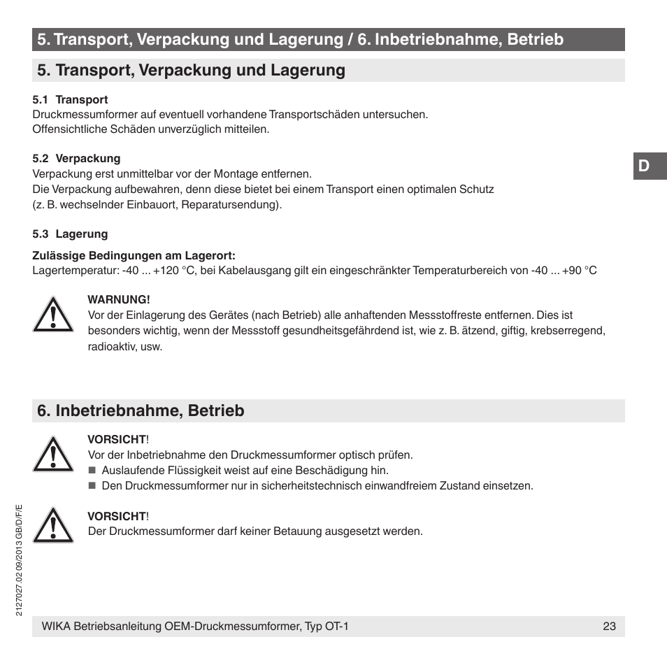 Inbetriebnahme, betrieb | WIKA OT-1 User Manual | Page 23 / 60