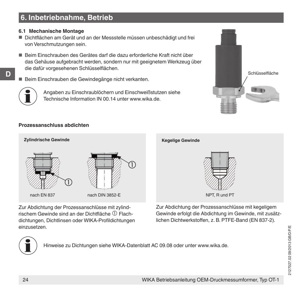 D6. inbetriebnahme, betrieb | WIKA OT-1 User Manual | Page 24 / 60