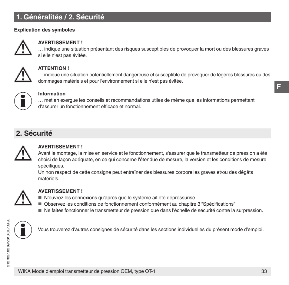 Généralités / 2. sécurité, Sécurité | WIKA OT-1 User Manual | Page 33 / 60