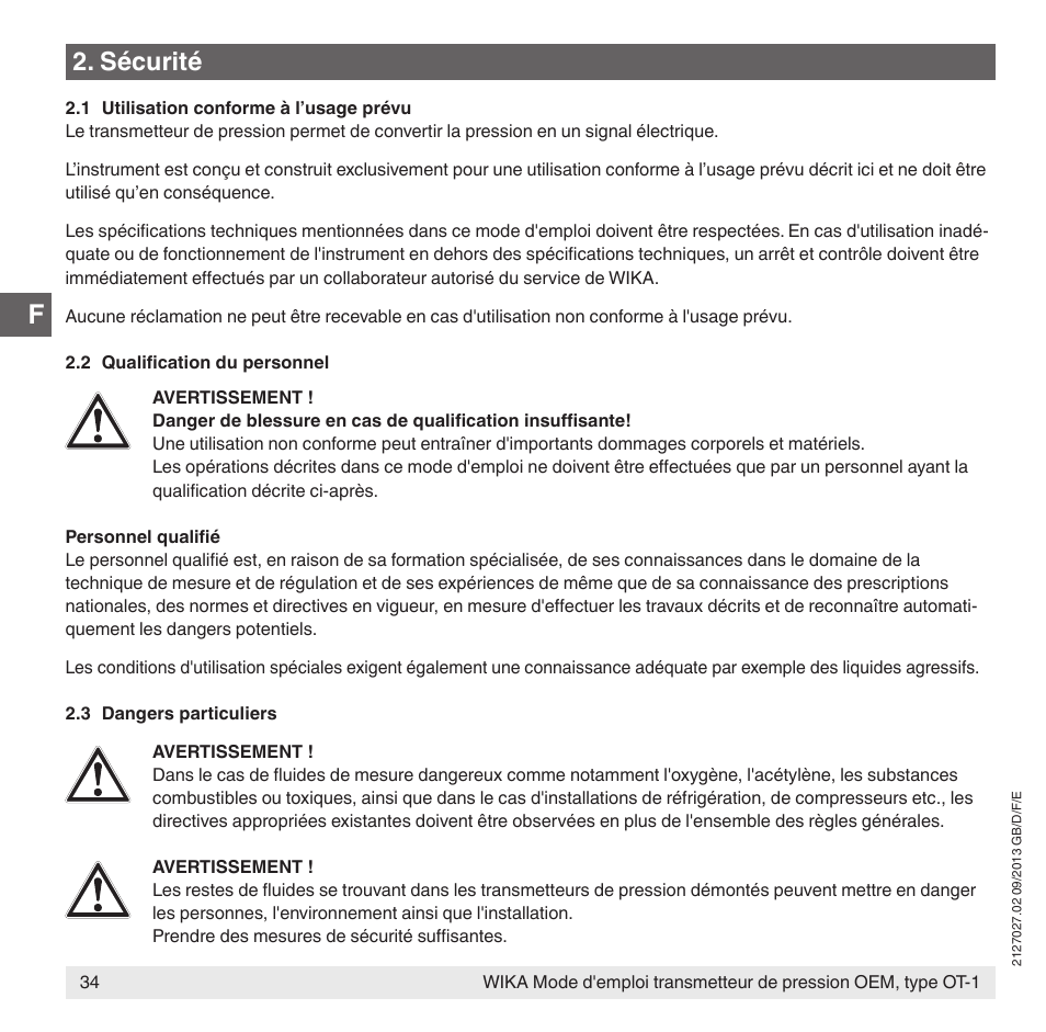 Sécurité | WIKA OT-1 User Manual | Page 34 / 60