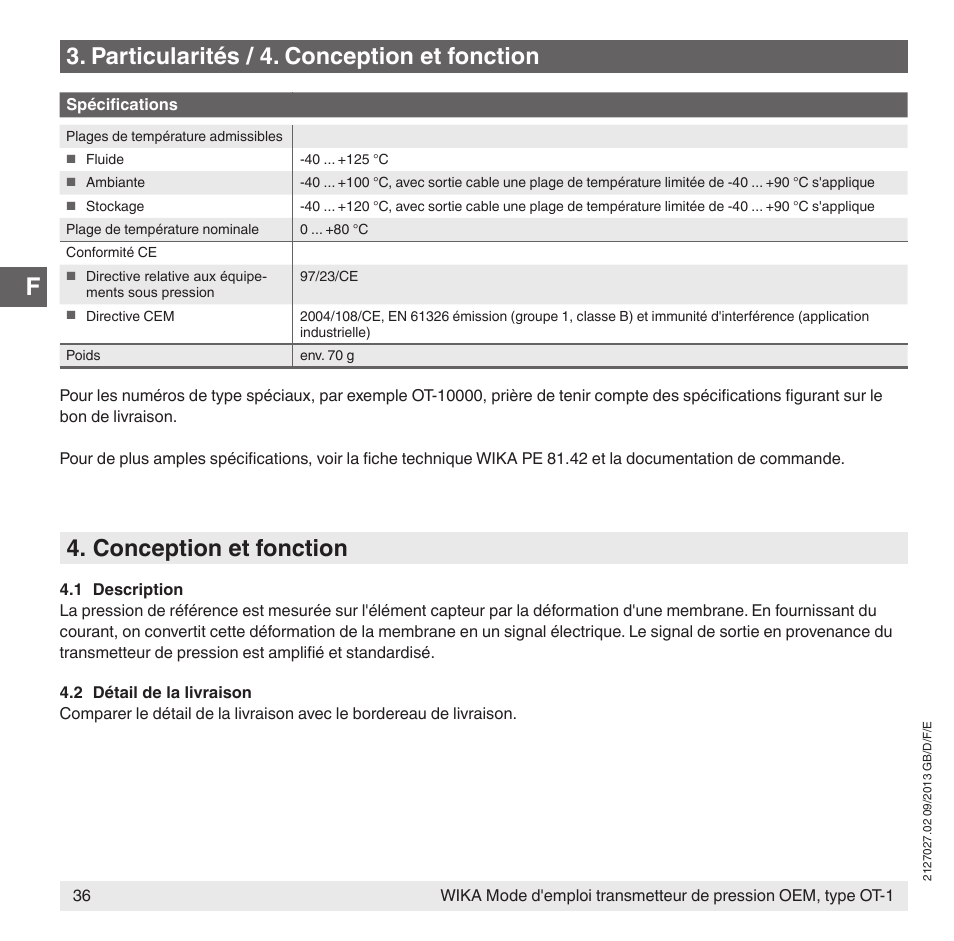 Particularités / 4. conception et fonction, Conception et fonction | WIKA OT-1 User Manual | Page 36 / 60