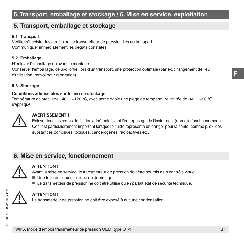Mise en service, fonctionnement | WIKA OT-1 User Manual | Page 37 / 60