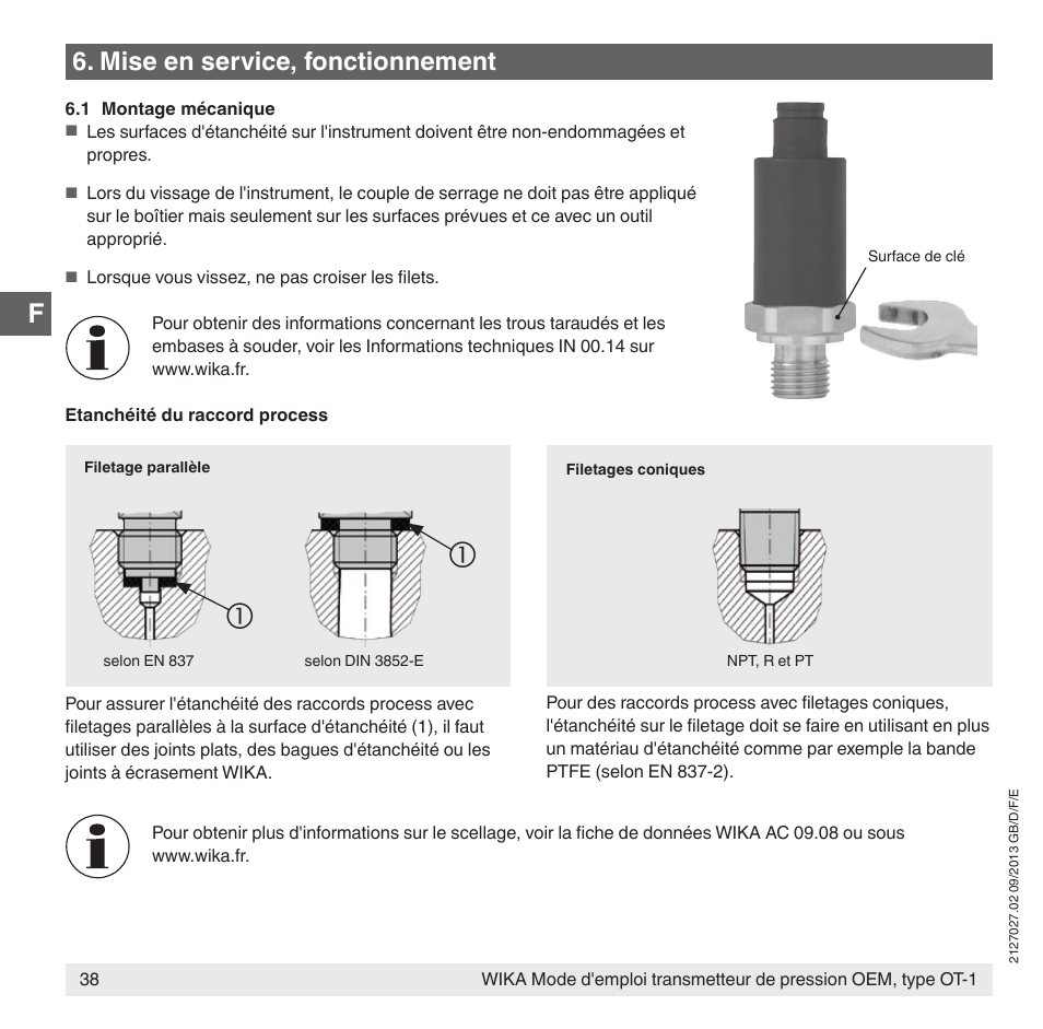 Mise en service, fonctionnement | WIKA OT-1 User Manual | Page 38 / 60