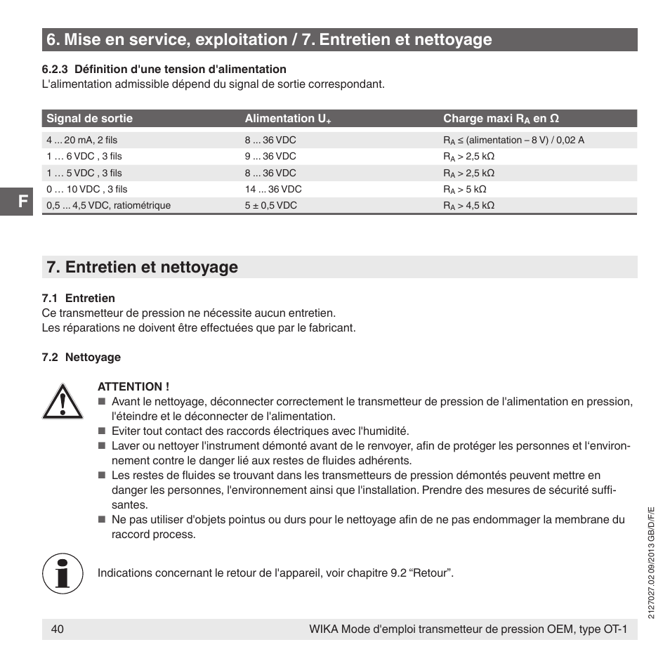 Entretien et nettoyage | WIKA OT-1 User Manual | Page 40 / 60
