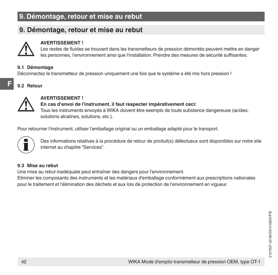 Démontage, retour et mise au rebut | WIKA OT-1 User Manual | Page 42 / 60