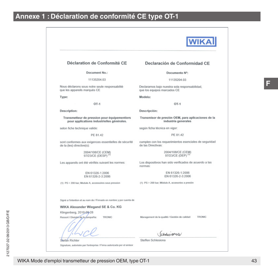 Annexe 1 : déclaration de conformité ce type ot-1 | WIKA OT-1 User Manual | Page 43 / 60