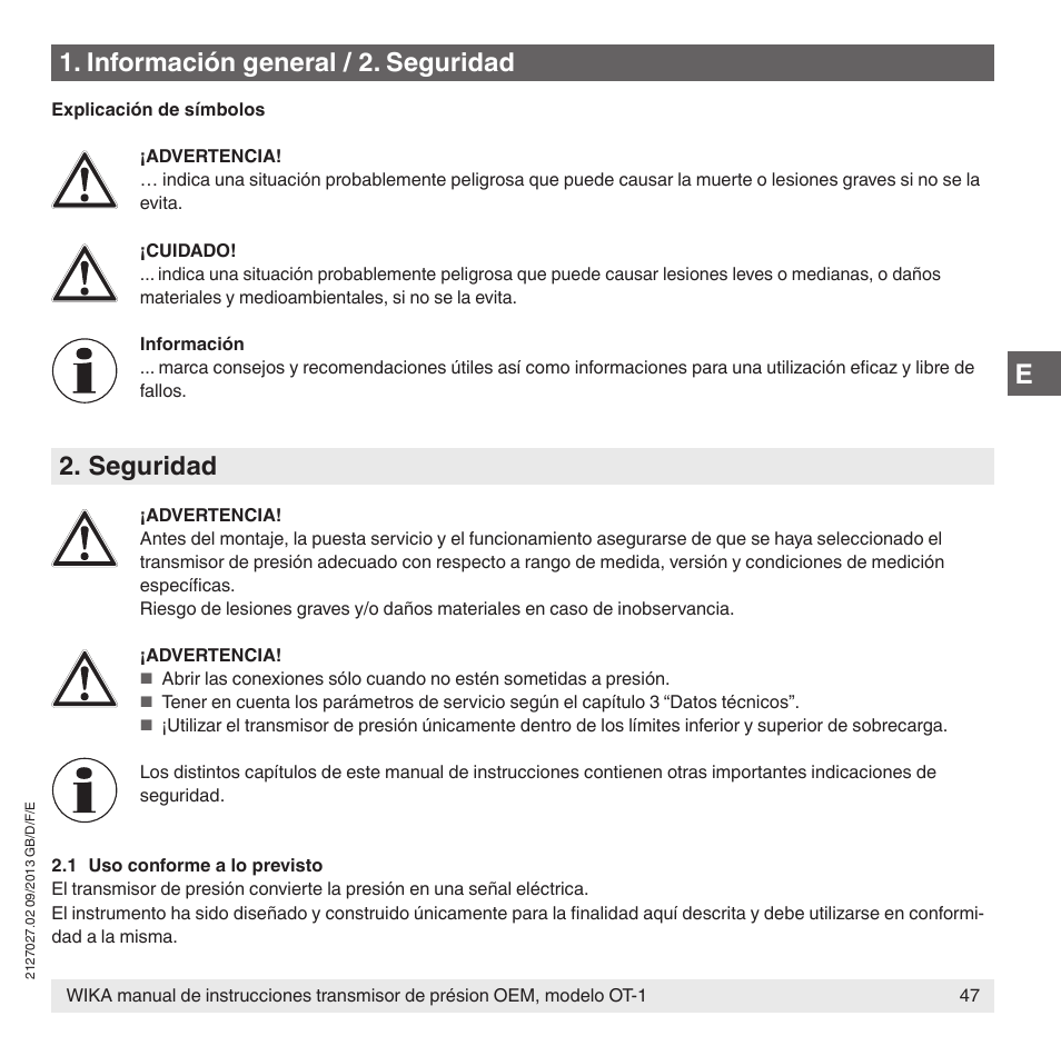 Información general / 2. seguridad, Seguridad | WIKA OT-1 User Manual | Page 47 / 60