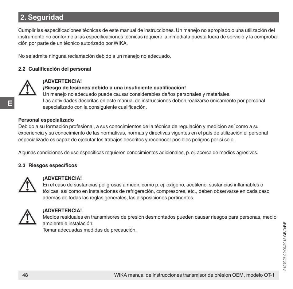 Seguridad | WIKA OT-1 User Manual | Page 48 / 60