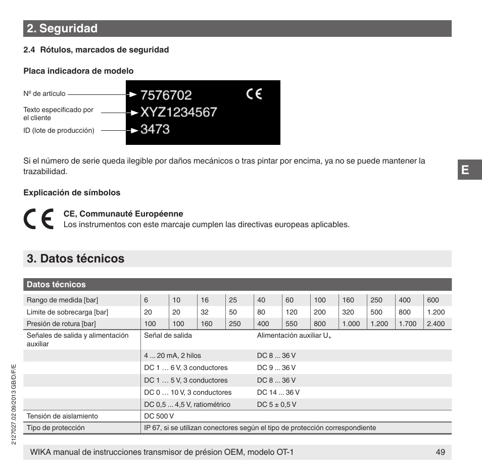 Seguridad, Datos técnicos | WIKA OT-1 User Manual | Page 49 / 60