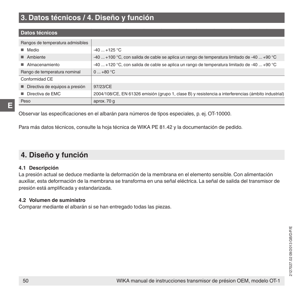 Datos técnicos / 4. diseño y función, Diseño y función | WIKA OT-1 User Manual | Page 50 / 60