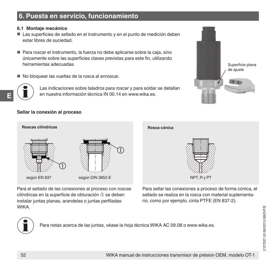 Puesta en servicio, funcionamiento | WIKA OT-1 User Manual | Page 52 / 60