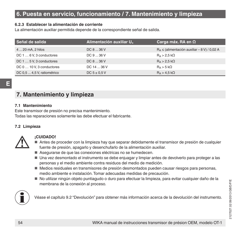 Mantenimiento y limpieza | WIKA OT-1 User Manual | Page 54 / 60