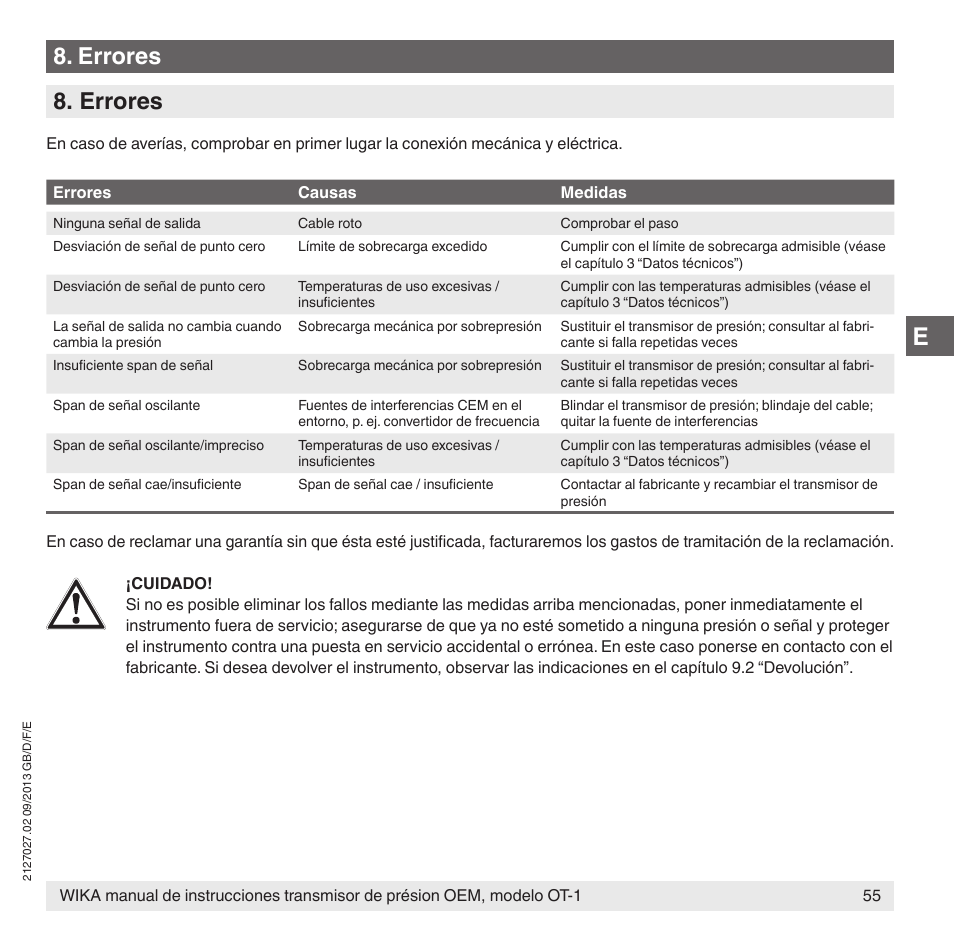 Errores | WIKA OT-1 User Manual | Page 55 / 60