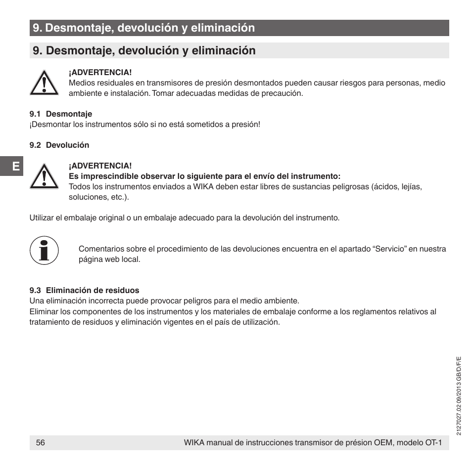 Desmontaje, devolución y eliminación | WIKA OT-1 User Manual | Page 56 / 60