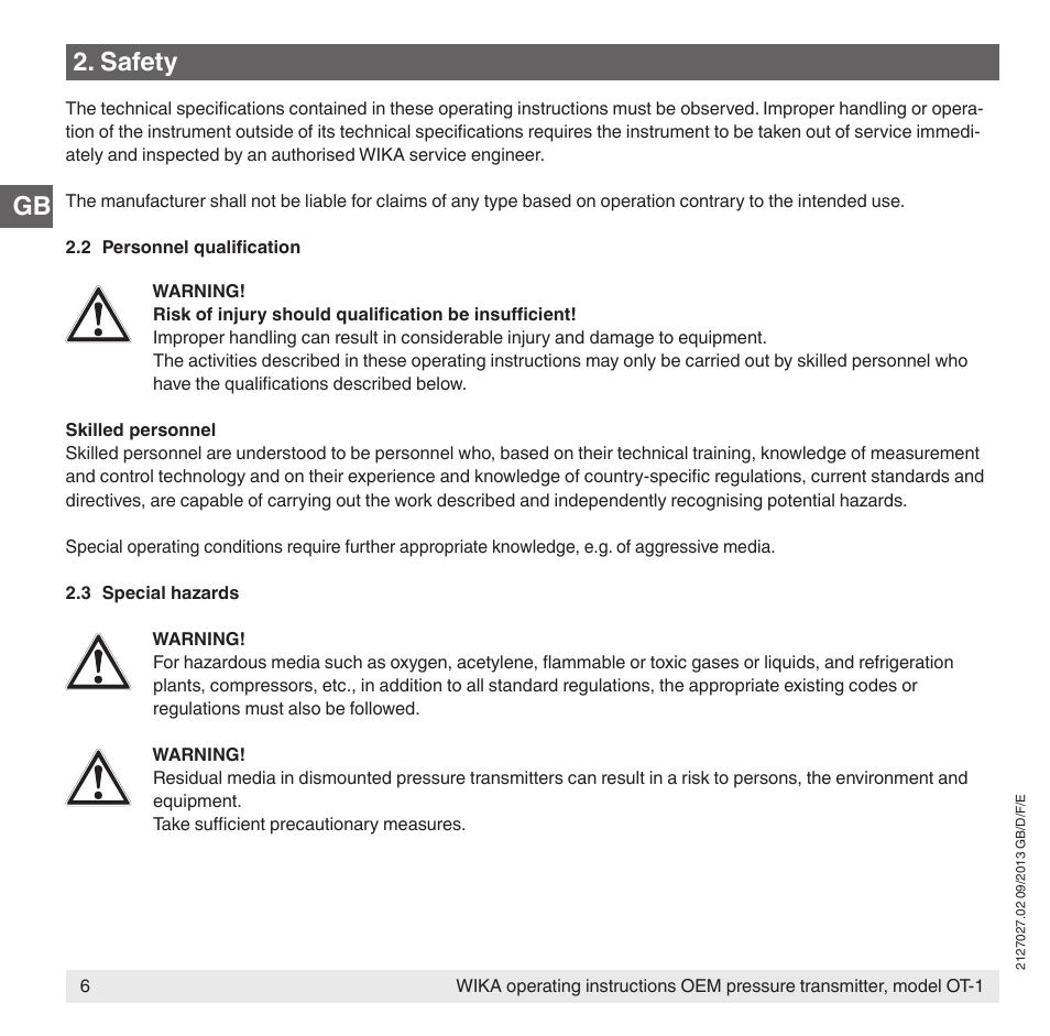 Gb 2. safety | WIKA OT-1 User Manual | Page 6 / 60